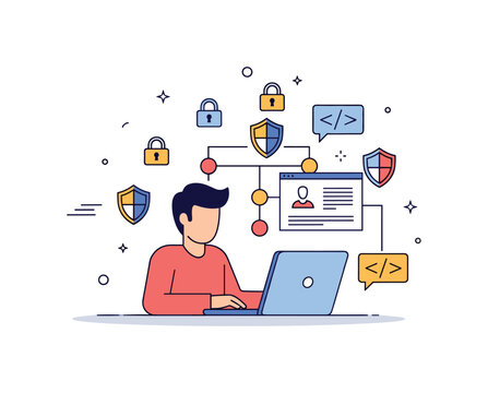 Cybersecurity awareness and ethical hacking depicted with a person analyzing a network on a laptop, tiny floating locks, shields, and code symbols indicating