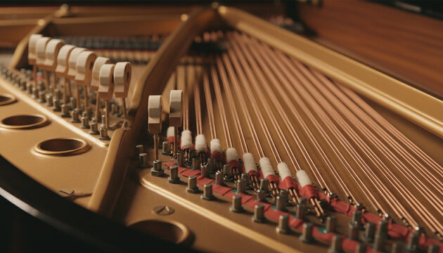 Concert grand piano wooden hammer mechanism striking copper strings macro