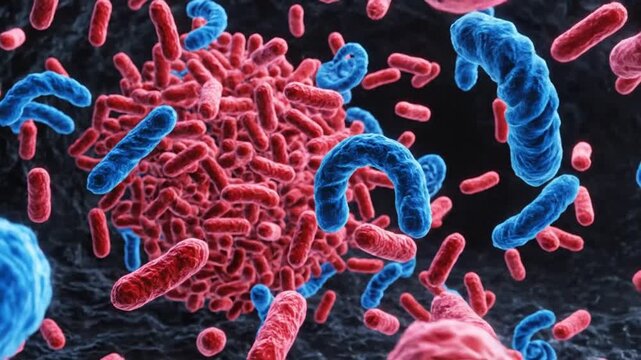 A video showcasing a vibrant microscopic view of various bacteria in different shapes and colors.
