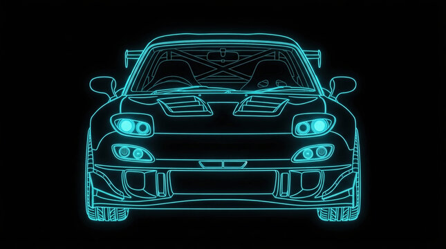 Abstract glowing neon wireframe illustration of a customized Japanese rotary-engine twin-turbo coupe on a black background, synthwave cyberpunk automotive design