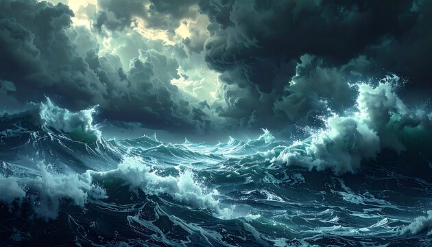 Dramatic Ocean Storm with Crashing Waves and Dark Clouds.