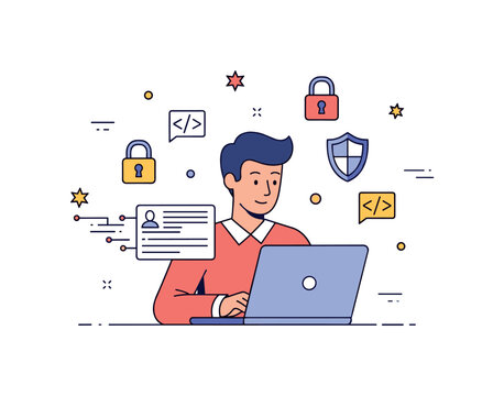 Ethical hacker analyzing digital systems with laptop open, small decorative code symbols, padlocks, and shield icons around, subtle motion accents highlighting