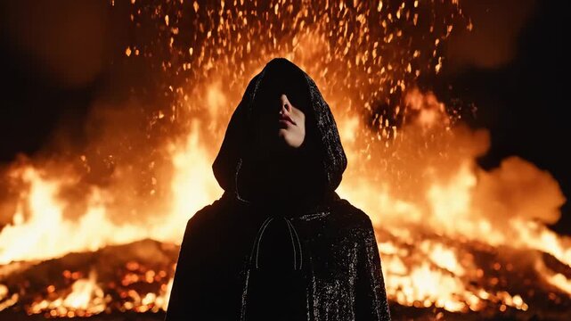 Person in hooded cloak near fire