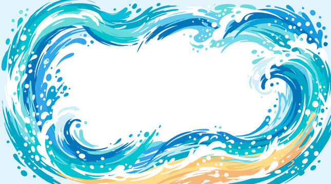 A vibrant, abstract illustration of swirling ocean waves and a sandy beach forming a decorative border around a blank white space.