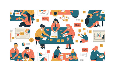 Naklejka premium corporate planning sessions seamless pattern, people collaborating around tables, writing notes, charts, diagrams, sticky notes and goal icons arranged in a
