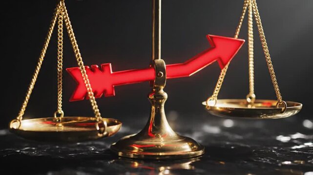 A video showcasing a balanced scale with a red arrow pointing to equilibrium in a dark background