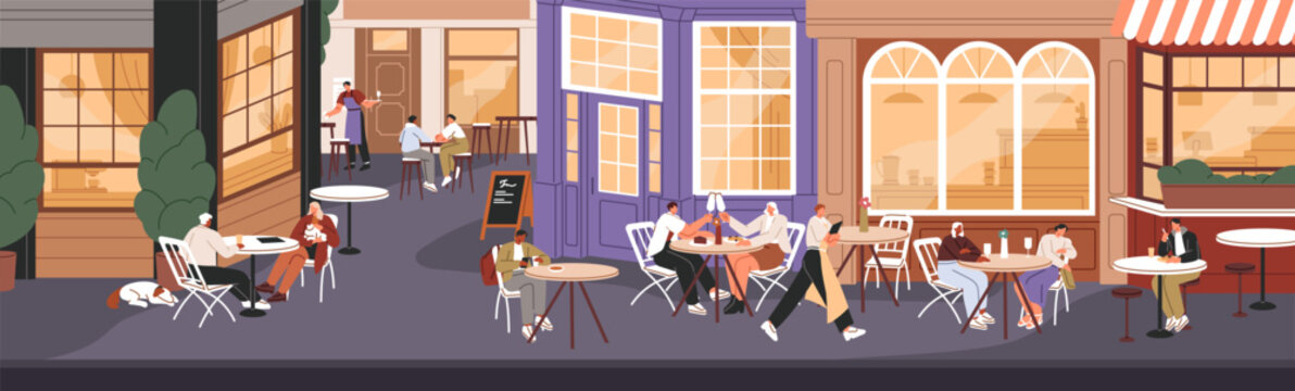 Summer terrace of restaurant with eating people. Panorama of patio, outside of cafe with guests sitting at the tables. European street facade of coffeehouse with customers. Flat vector illustration