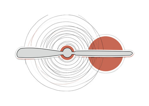 A monochrome ceiling fan blade aligned horizontally across the composition, airflow visualized as concentric geometric circles expanding outward, bold flat