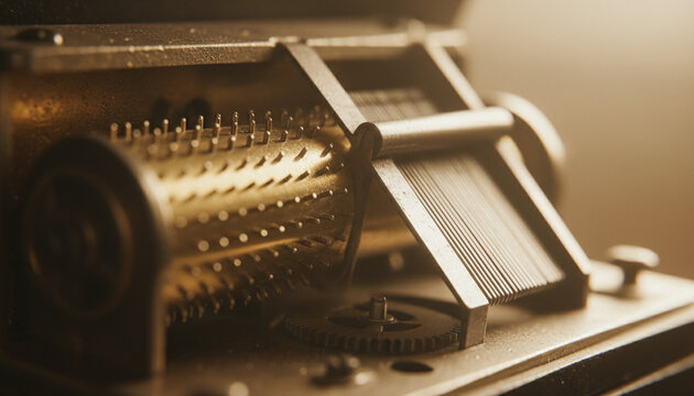 Antique mechanical music box brass cylinder and steel comb mechanism