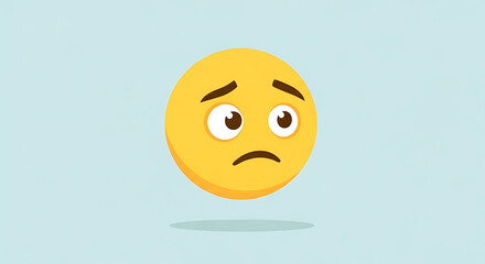 Fototapeta premium A yellow emoji with a sad and worried expression floating on a light blue background, depicting feelings of concern or unhappiness.