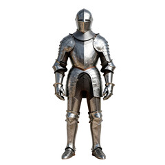 Obraz premium Full suit of shining armor standing tall on a white background
