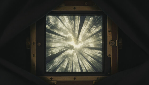 Vintage large format camera frosted ground glass with inverted misty forest image