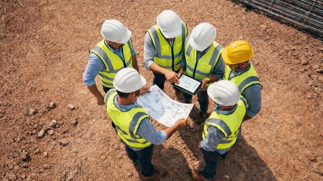 Construction engineers discussion use tablet computer and blueprint working at construction site.

