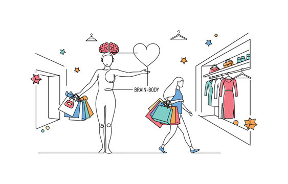 Holistic Health Brain-Body. Minimalistic one-line drawing human figure in balanced pose with brain and heart connected by simple lines showing integrated