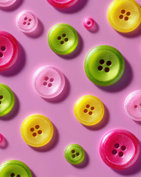 Vibrant Button Array: An artistic arrangement of vividly colored buttons, ranging from soft pinks and greens to bright yellows, is scattered across a smooth background.