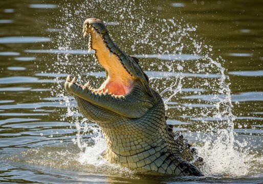 Crocodile lunging out of water with mouth open