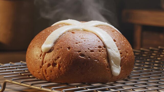 Warm hot cross bun on cooling rack with steam rising, traditional sweet bread for Easter