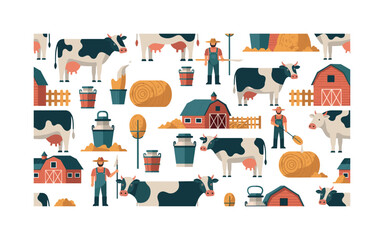 Fototapeta premium dairy cattle breeding farm seamless pattern, improved dairy cows milk buckets barns hay bales and farmers arranged in a repeating pattern, white background