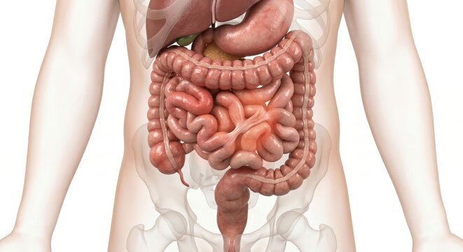Bowel obstruction medical intestine visualization showing fibrous adhesions and intestinal dilation inside ghostly abdominal contour for clinical gastrointestinal diagnostic illustration