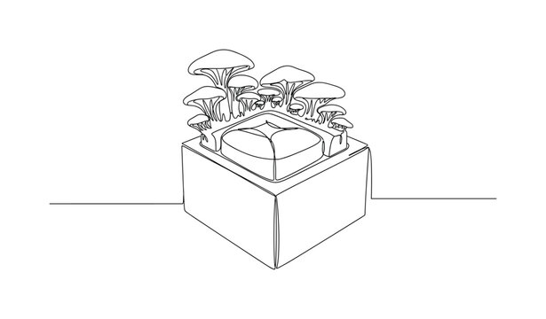 Fungal Foam Alternative. Minimalistic one-line drawing protective foam insert grown from mushrooms holding a fragile object inside a box, continuous single