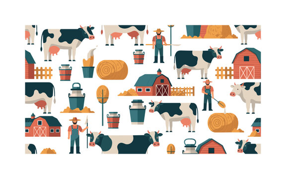 dairy cattle breeding farm seamless pattern, improved dairy cows milk buckets barns hay bales and farmers arranged in a repeating pattern, white background