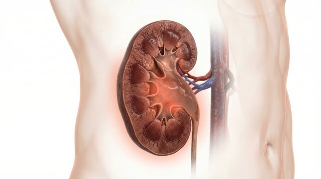 Hydronephrosis medical kidney visualization showing severely dilated renal pelvis and swollen calyces with thinned parenchyma inside ghostly abdominal contour for clinical diagnostic illustration