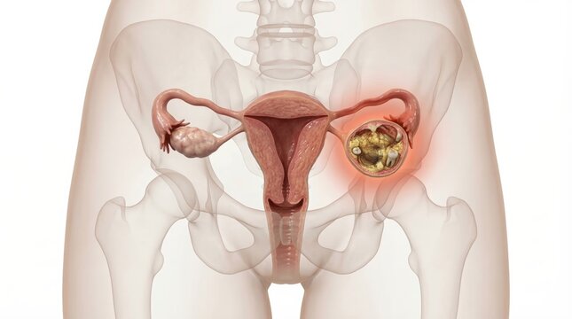 Dermoid cyst ovarian teratoma medical visualization showing complex internal tissue including hair and calcifications inside ghostly pelvic contour for clinical diagnostic illustration