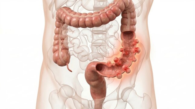 Diverticulitis medical colon visualization showing inflamed pouches and intestinal wall thickening inside ghostly abdominal contour for clinical gastrointestinal diagnostic illustration