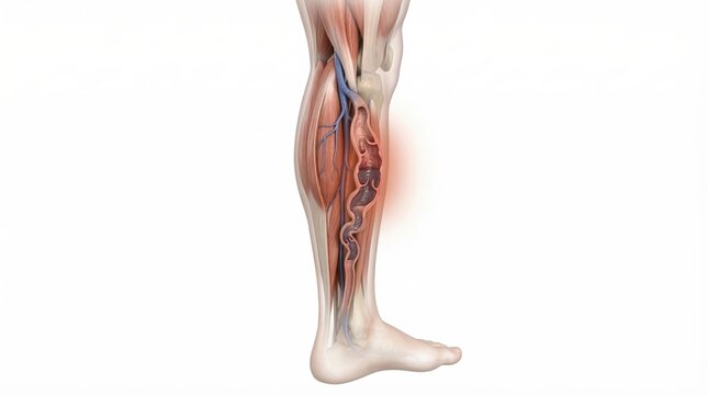 Varicose veins medical visualization showing enlarged twisted superficial vessels and damaged valves inside ghostly leg contour for clinical vascular diagnostic illustration