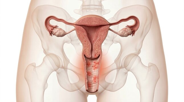 Atrophic vaginitis medical visualization showing thinned vaginal walls and mucosal inflammation inside ghostly pelvic contour for clinical gynecological diagnostic health illustration