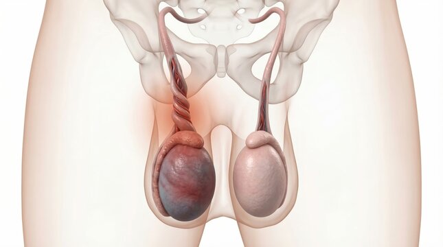 Testicular torsion medical visualization showing twisted spermatic cord ischemic swollen testicle inside ghostly scrotal contour for clinical urological emergency diagnostic illustration