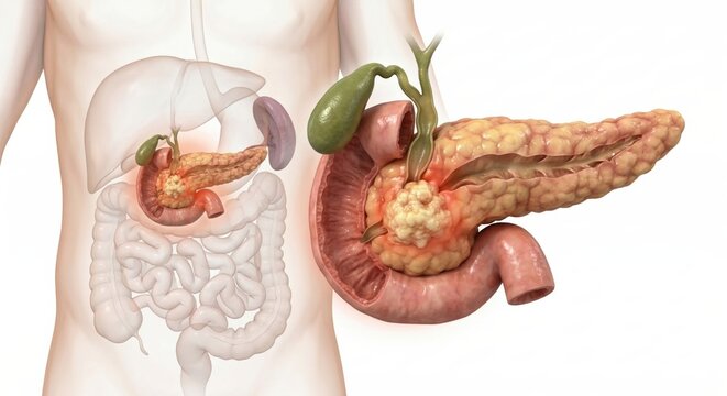 Pancreatic cancer medical visualization showing an irregular tumor mass in pancreatic head and associated ductal dilation inside ghostly abdominal contour for clinical oncology diagnostic illustration