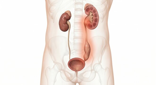 Vesicoureteral reflux medical visualization showing abnormal retrograde urine flow and dilated ureter inside ghostly abdominal contour for clinical urological diagnostic illustration