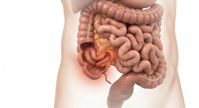 Intussusception medical intestine visualization showing distal ileum telescoping into cecum inside ghostly abdominal contour for clinical gastrointestinal diagnostic illustration