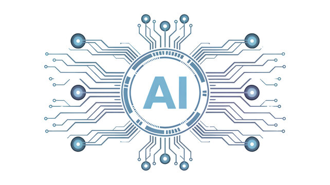 Modern Artificial Intelligence concept with glowing AI logo and circuit board network of lines and bright nodes isolated on transparent background