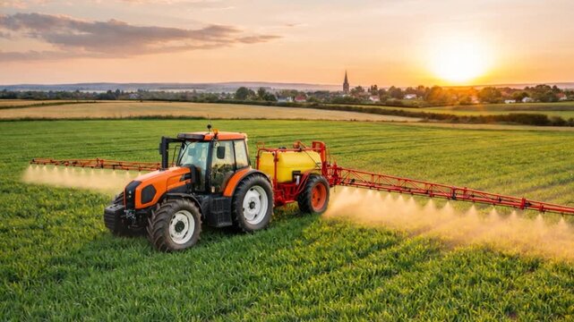 Tractor spraying in the field until sunset.


