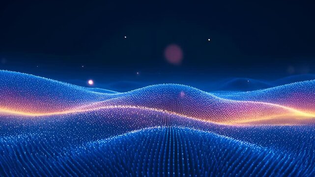 Glowing blue particle landscape with undulating waveforms and warm orange ribbon of light. futuristic digital abstract terrain evoking motion, glow, energy, and calm light filled landscape