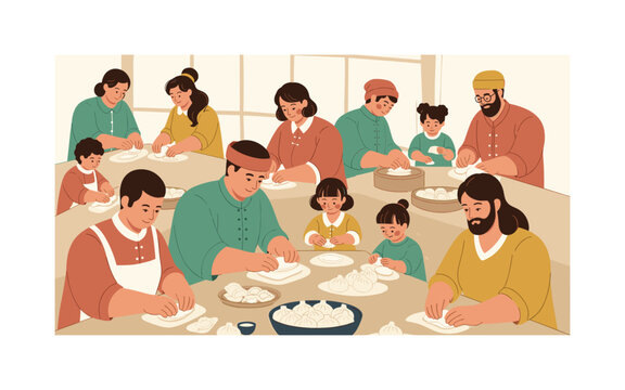 Family dumpling cooking session seamless pattern, people shaping dumplings bowls of filling chopsticks and flour on tables arranged in a repeating pattern,