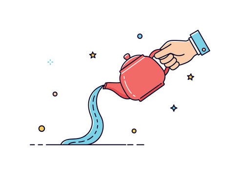 Ceremonial pouring gesture graceful hand tilting a teapot with a single flowing stream forming a subtle curve, symbolizing respect and attentiveness. A refined