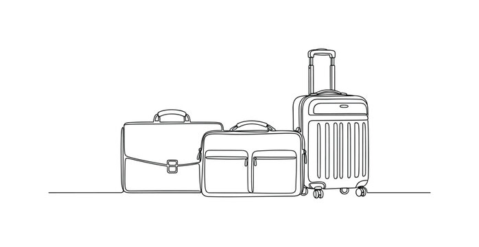 Laptop and Luggage. Minimalistic one-line drawing briefcase, laptop bag, and rolling suitcase together symbolizing business travel essentials, continuous