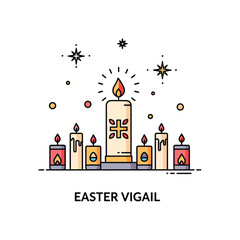 Naklejka premium Easter Vigil altar scene with Paschal candle surrounded by smaller votive candles representing sacred tradition, reflection, and the Easter celebration.