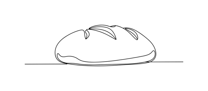 Homemade Bread Loaf. Minimalistic one-line drawing simple homemade bread loaf resting on a flat surface, continuous single black line on white background,