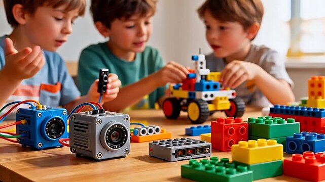 Children playing with building blocks and electronic components
