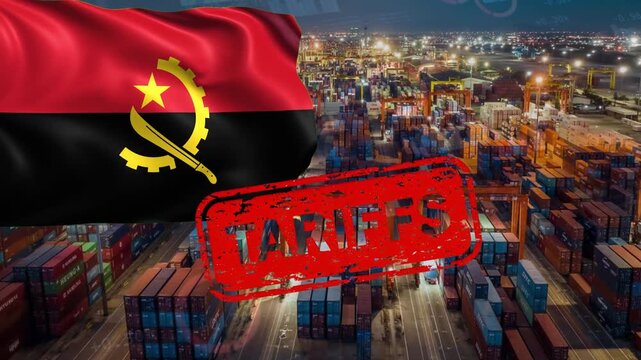 The Angolan Flag and Container Terminal Under a "TARIFFS" Stamp: A Symbol of Trade Protectionism and Economic Friction. These are punitive tariffs imposed on key industries or product lines.