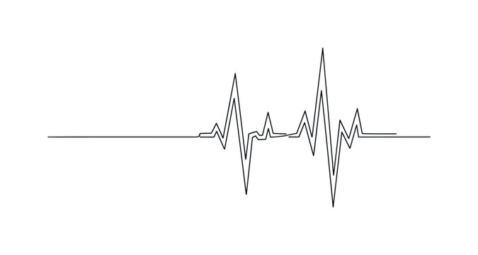 Flatline to Pulse Transition. Minimalistic one-line drawing medical monitor line transitioning from flatline to heartbeat spike on display, continuous single