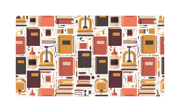 artisan book binding seamless pattern, stitched notebooks, sewing threads, needles, glue, book covers and presses arranged in a repeating pattern, white