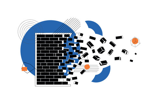 black and white brick wall breaking apart and fading into scattered pieces, cut-out wall with white contour outline, large blue circle behind symbolizing
