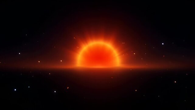 Glowing red and orange sunrise over dark horizon with fiery spark and cosmic glow merging calm ocean sunrise and serene atmospheric warmth under dramatic red to blue gradient sky