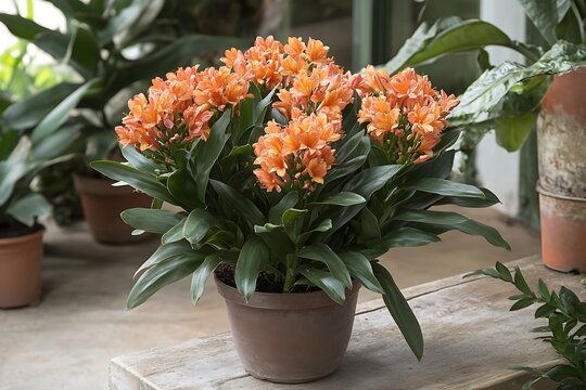 flowering clivia plant with orange blooms