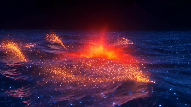 Glowing bioluminescent ocean with fiery orange sparks and blue waves night, glowing red thermal vent bioluminescent blue sea night with sparkling light reflections and smooth waves, glowing volcanic
